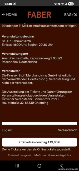 Faber Konzertticket in Rosenheim 07.02.26 Bild 2