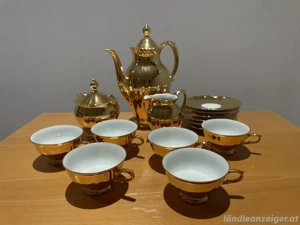 Vergoldetes Porzellan-Teeservice für 6 Personen - Teekanne, Tassen & Untertassen