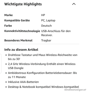 HP Slim Tastatur und Maus Set, kabellos Bild 3