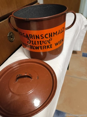 Alter "Margarine-Schmalz-Emailtopf" schöner Zustand mit Deckel 