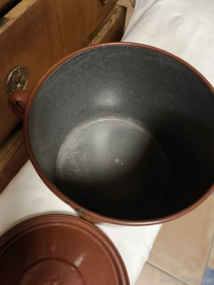 Alter "Margarine-Schmalz-Emailtopf" schöner Zustand mit Deckel  Bild 3