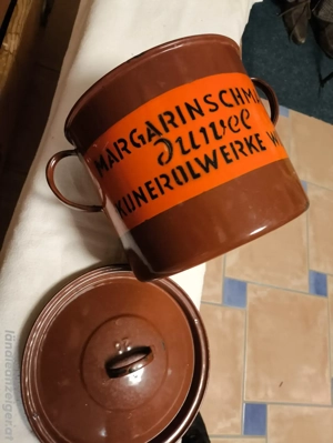 Alter "Margarine-Schmalz-Emailtopf" schöner Zustand mit Deckel  Bild 2