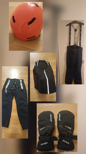 Skihose, Skihelm, Skihandschuhe, Rückenprotektor