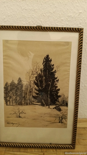 Hans Högner  1932 Orginal Kohlezeichnung Winterwald  Bild 3