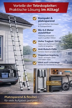 Teleskopleiter aus Aluminium   bis 4,4 m ausziehbar | Kompakt, platzsparend & belastbar bis 150 kg
