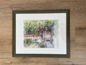 Blumen mit Brunnen - Aquarell   Mischtechnik - signiert M. Mathis - ca. 42   56 cm - gerahmt