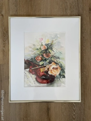 Geige mit Blumen - Aquarell   Mischtechnik - signiert M. Mathis - 50   61 cm - gerahmt