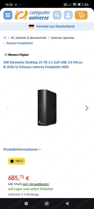 24 TB Terabyte Festplatte Western Digital NEU stoßfest Bild 4