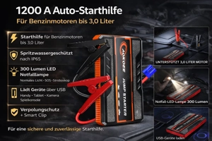 1200 A Auto-Starthilfe   Powerbank & LED-Notfalllampe