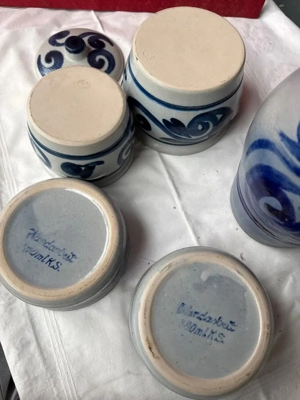 Handgefertigtes Westerwald Steinzeug   Krug & Schalen   Salzglasur blau Bild 2