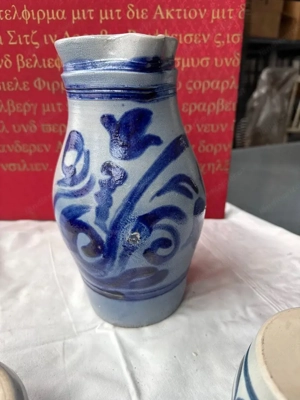 Handgefertigtes Westerwald Steinzeug   Krug & Schalen   Salzglasur blau Bild 3