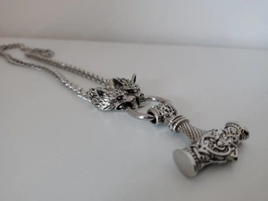 Nordische Wikinger Halskette mit Thorshammer & Wolfsköpfen   Silberfarben Bild 2