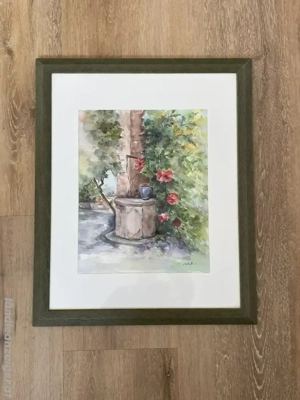 Blumen mit Brunnen - Aquarell   Mischtechnik - signiert M. Mathis - ca. 42   56 cm - gerahmt