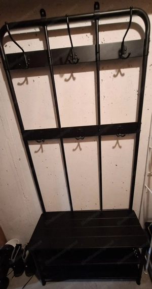 Ikea Garderobe "Pinnig", matt-schwarz, Metall mit Sitzbank aus Holz Bild 5