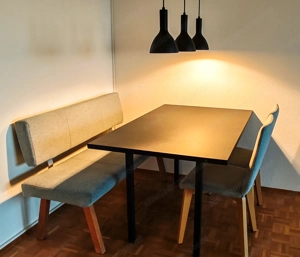 RESERVIERT Essgruppe Tisch 140 x 85 Linoleum, Bank, Stühle blau bzw. hellblau Bild 2