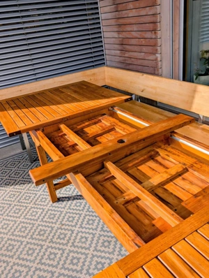 Gartenmöbel 10-12 Personen - Tisch ausziehbar 1m x 2-3m Teakholz mit Eckbank vom Tischler Vollholz Bild 4