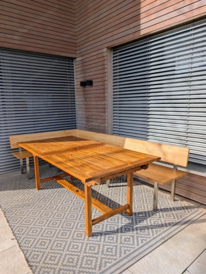 Gartenmöbel 10-12 Personen - Tisch ausziehbar 1m x 2-3m Teakholz mit Eckbank vom Tischler Vollholz Bild 5