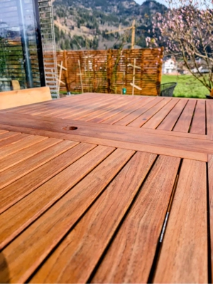 Gartenmöbel 10-12 Personen - Tisch ausziehbar 1m x 2-3m Teakholz mit Eckbank vom Tischler Vollholz Bild 2