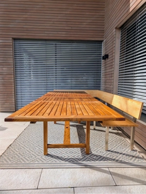 Gartenmöbel 10-12 Personen - Tisch ausziehbar 1m x 2-3m Teakholz mit Eckbank vom Tischler Vollholz Bild 3