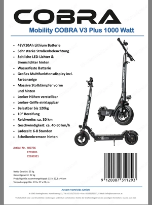 Mobility COBRA V3 Plus 1000W E-Scooter   sehr guter Zustand Bild 5