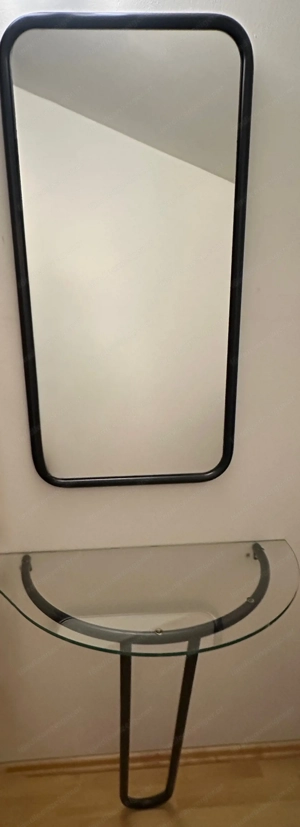 Moderner Wandspiegel + Glastisch Set - schwarzer Metallrahmen - ideal für Vorraum