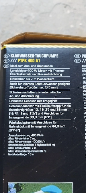 Neue Parkside Klarwasser Tauchpumpe 