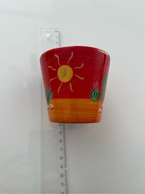 2x bunte Keramik-Übertöpfe mit Kaktus & Sonnenmotiv   Boho Vintage