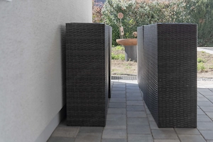 Vier hochwertige Pflanzkästen mit herausnehmbarem Einsatz im modernen Rattan-Look (dunkelgrau). Bild 2