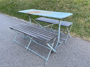 Gartengarnitur, 2 Bänke, 1 Tisch, Metall I Holz, Shabby Bild 2