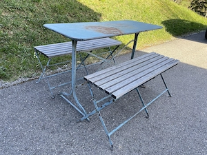 Gartengarnitur, 2 Bänke, 1 Tisch, Metall I Holz, Shabby