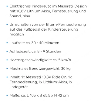 Maserati Elektroauto für Kinder mit 10,8V Lithium Akku, Fernsteuerung und Sound Bild 3