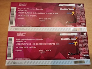  2x Tickets für UNHEILIG   Open Air Tettnang 2026   AUSVERKAUFT