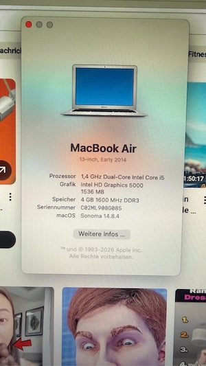 MACBOOK AIR 13Zoll 2014 1.4 GHz Intel i5 4GB RAM 128GB SSD Festplatte macOS Sonoma 14.8.4 Netzteil Bild 2