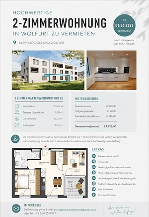 2 Zimmer-Gartenwohnung Wolfurt zu vermieten