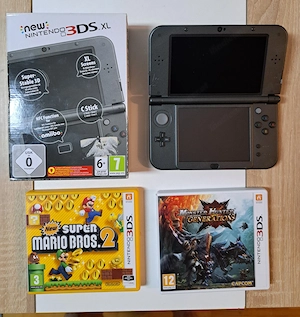 New Nintendo 3DS XL Metallic Black - OVP + Ladekabel + 2 Spiele (Mario & Monster Hunter) Bild 6