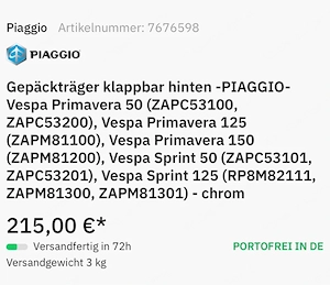 Original Piaggio Gepäckträger für Vespa Primavera 50 Bild 2