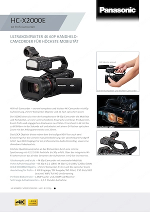 Panasonic HC-X2000E 4K Digitaler Camcorder - Zustand TOP - wegen Umstellung auf PRP System Bild 4