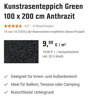 Kunstrasen 4x4m (16m2) Anthrazit