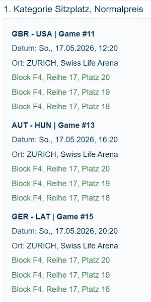 3 x Tagespaket IIHF Eishockey WM in Zürich für Sonntag 17.05.26. (GBR - USA, AUT - HUN, GER - LAT) Bild 4
