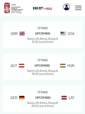 3 x Tagespaket IIHF Eishockey WM in Zürich für Sonntag 17.05.26. (GBR - USA, AUT - HUN, GER - LAT) Bild 2