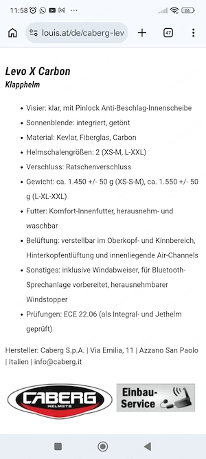 Caberg Levo Carbon Größe L.   (inkl. Sena SFR  Einzelpack , Bluetooth Kommunikationssystem)  Bild 4