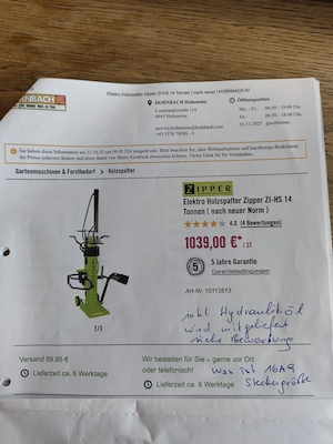Holzspalter  elektro Zipper ZI-HS 14 Tonnen