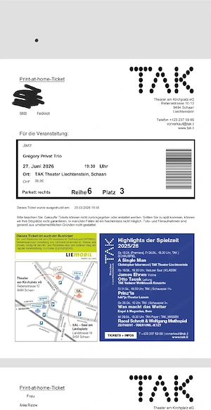 Tickets TAK Schaan Gregory Privat Trio