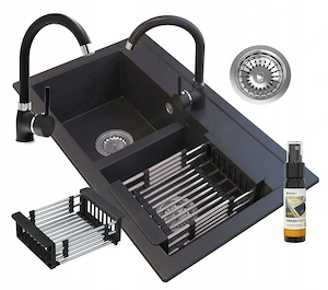 Artikel: Granite sink + mixer tap + siphon black XXL set selection of holes Hochwertiger Artikel aus