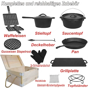 Dutch Kochtopf 11 tlg Oven Set Topf mit Holzkiste Grillplatte Gusseisen Outdoor Bild 5