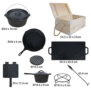 Dutch Kochtopf 11 tlg Oven Set Topf mit Holzkiste Grillplatte Gusseisen Outdoor Bild 3
