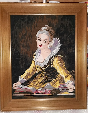 Gobelinbild "lesende Frau" mit Rahmen