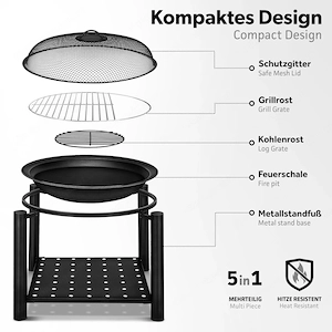 Starterset Feuerschale mit Funkenschutz 3-in-1 Grill Feuerstelle BBQ Feuerkorb Garten Bild 4