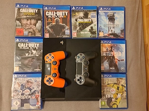 PS4 Konsole (schwarz) mit 2 DualShock 4 Controllern, allen Kabeln und 8 Top-Spielen (CoD, Battlefiel