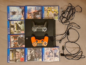 PS4 Konsole (schwarz) mit 2 DualShock 4 Controllern, allen Kabeln und 8 Top-Spielen (CoD, Battlefiel Bild 2
